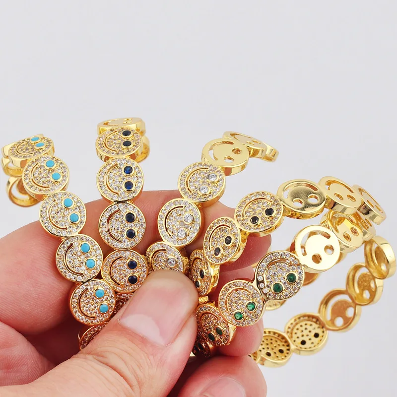 2Pcs Gold Plated Simple Smile Face Charm Bracelet Bangle