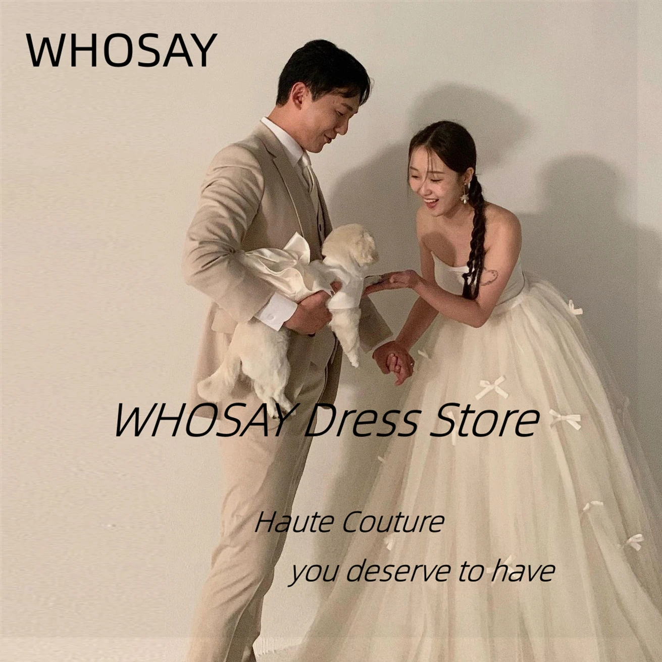 

WHOSAY Korea Wedding Dresses Strapless Bows Tulle Bridal Gowns Sexy Backless Vestidos De Noches Long Elegant Party Prom Dress