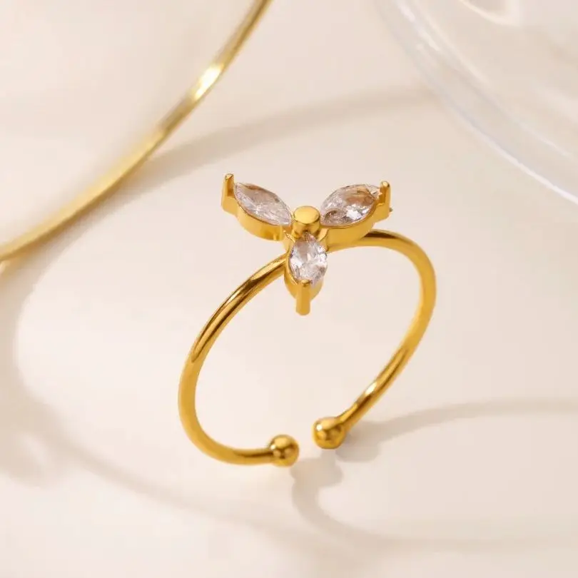 Zircon Flower Rings Gold Color Stainless Steel Crystal Adjustable Ring For Women