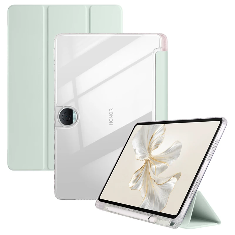 Luxury Trifold PU Leather Tablet Case with Pen Holder and Clear Hard Back Stand