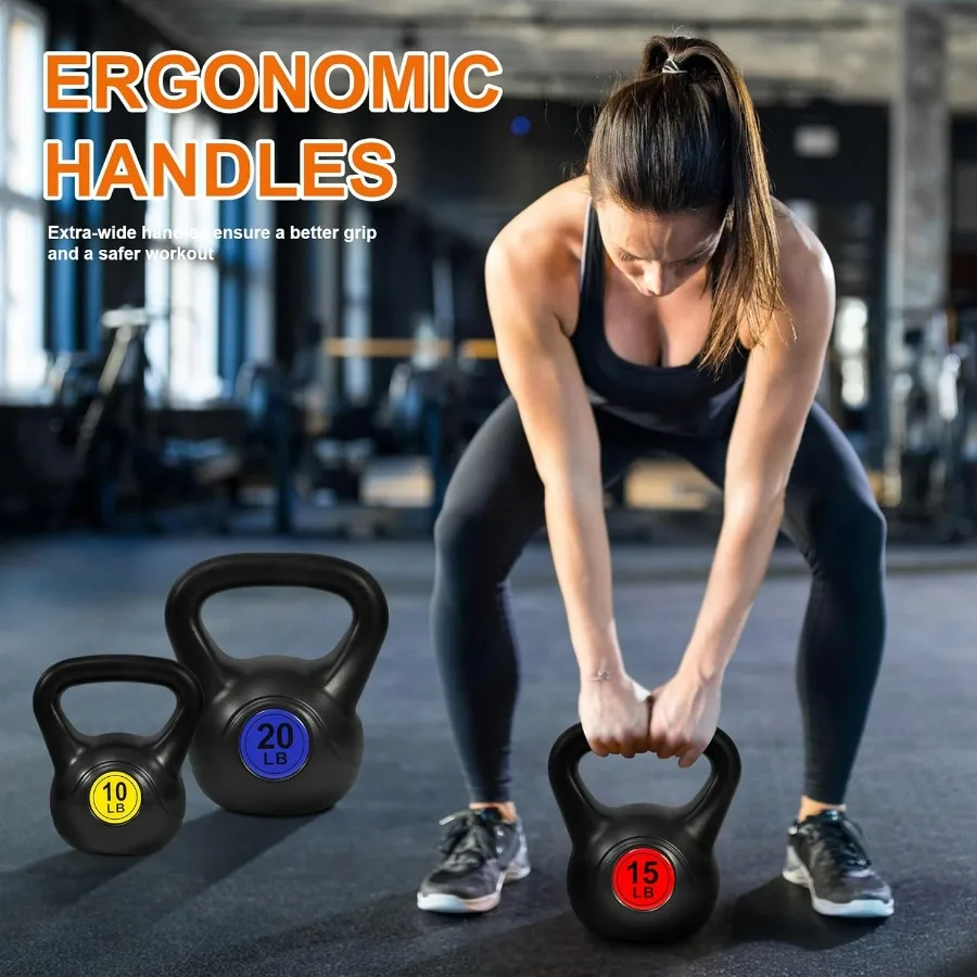 Fitvids Wide Grip 3Piece or 4Piece Kettlebell Exercise Fitness Weight Set Include 5 lbs 10 lbs 15 lbs and 20 lbs Set of 3 or Se