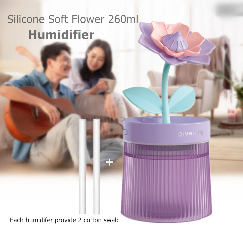 

260ml Cute Simulation Flower 7 Colorful Night Light USB Desk Ultrasonic Air Humidifiers Diffusers for Home Office Bedroom