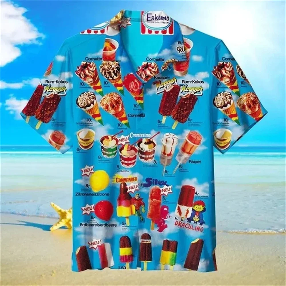 thumbnail image 1 of Camisa de manga corta para hombre para fiesta en la playa Camisa abotonada para hombre Camisa de moda con estampado cúbico de cono de helado para hombre Ropa para hombre, 1 of 4