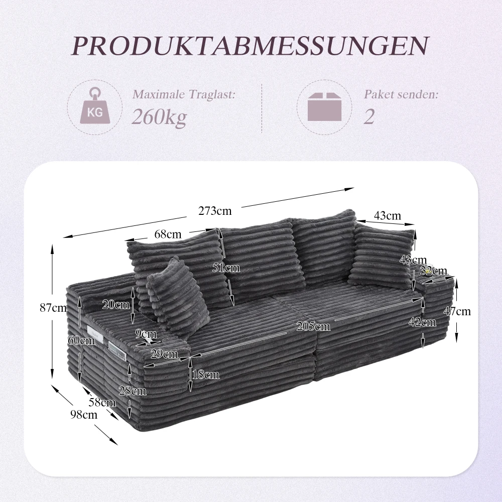 Cordstoff Kompressions-Sofa mit Hoher Rückenlehne und Zusätzlichen Kissen, Beidseitige Taschen, Frei Kombinierbar Als Schlafsofa – Detail 18