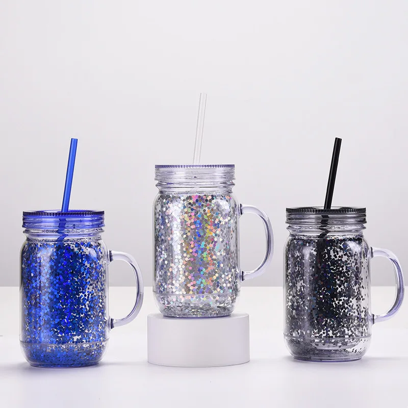 600ml 20oz double wall double layer plastic mason mug mason jar with handle  and straw - AliExpress