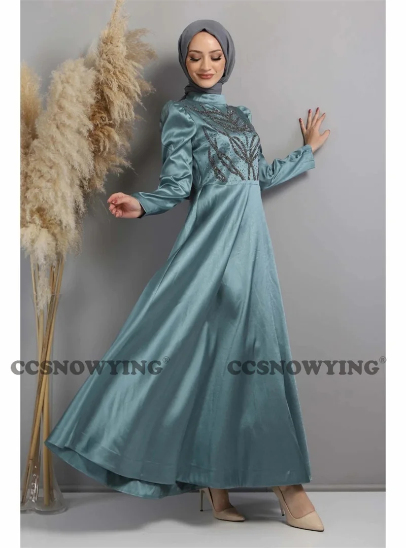

Muslim Satin Beaded Evening Dress Long Sleeve High Neck Hijab Prom Formal Party Gown A Line Arabic Dubai Moroccan Caftan