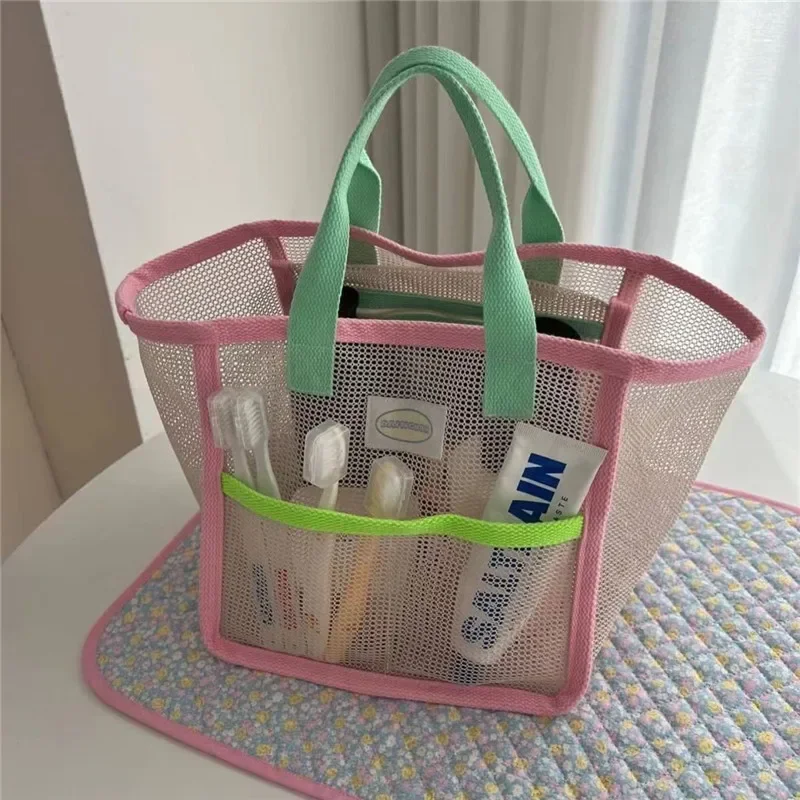 

Portable Pink Green Contrast Beach Bag Children's Toy Mesh Portable Storage Bag Outdoor Travel Swimming Toiletry Storage Bag Ins