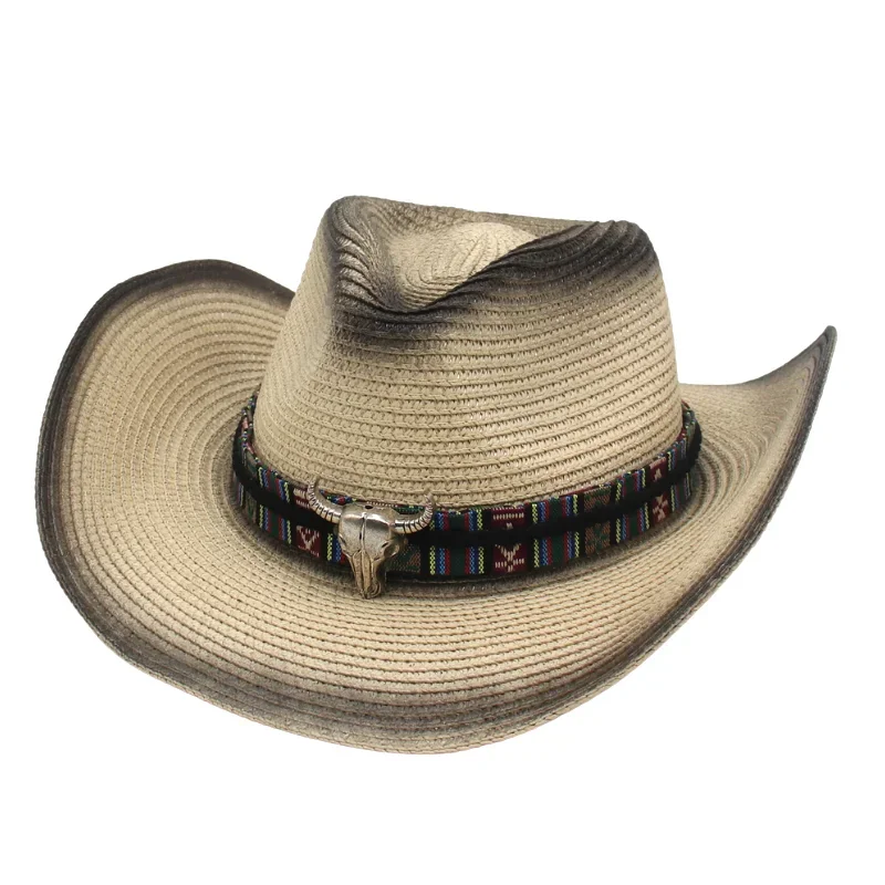 Retro Wild Straw Cowboy Hat Bull Shaped Decor Panama Hats For Men Travel Knight Country Hat Bohemian Women Beach Sunscreen Hat images - 6