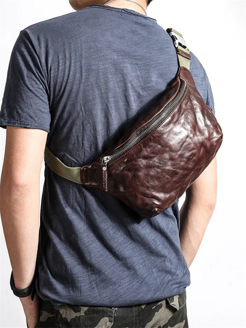 Fashion vintage luxury genuine leather men chest bag casual natural first layer cowhide multifunctional waist pack crossbody bag