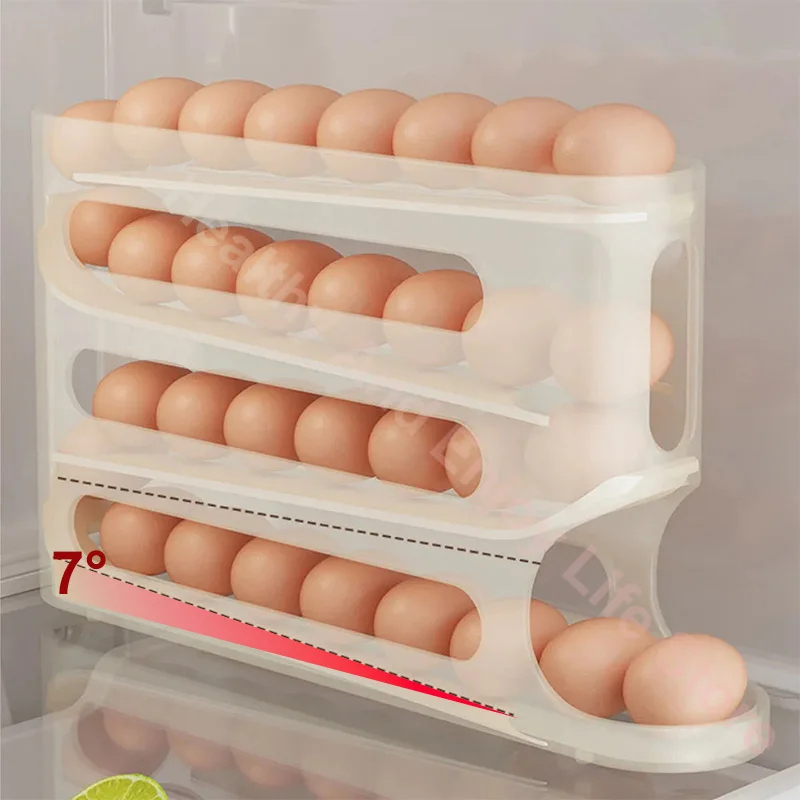 4 Layers Automatic Rolling Egg Holder Large Capacity Storage Box For Kitchen Refrigerator Egg Dispenser 30 Eggs 7&deg; Slope Design egg storage box,egg roller rack