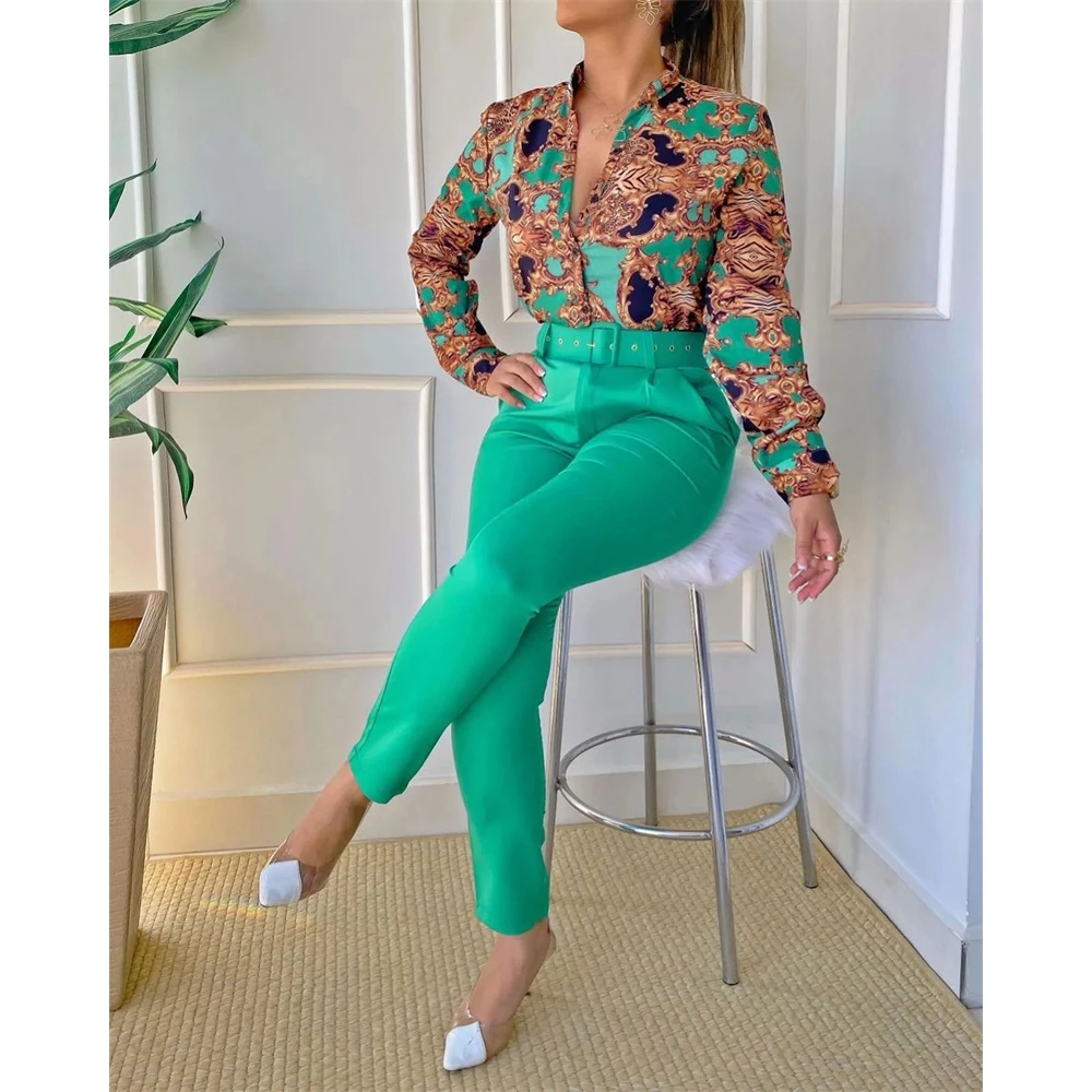 

Women New Autumn Baroque Print V-Neck Long Sleeve Top & Casual Solid Pants Set Fashion Femme With Belt Two Pieces Streetwear
