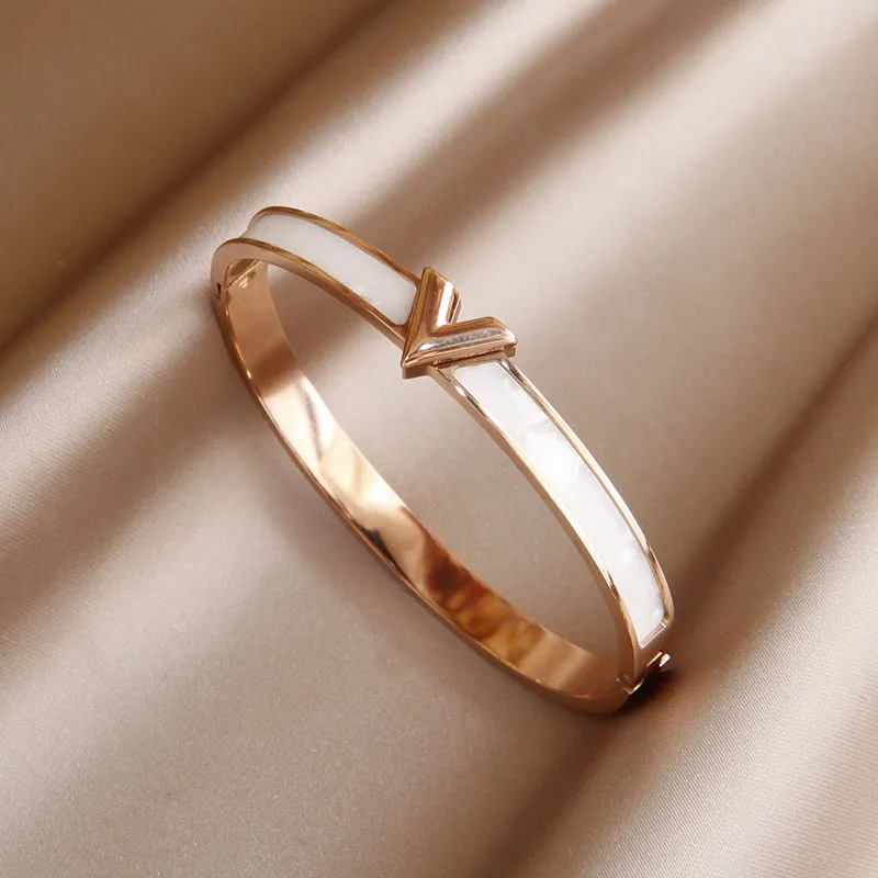 Stainless Steel Letter V Bangle Bracelets for Women Fashion Crystal Party Accessories Gifts