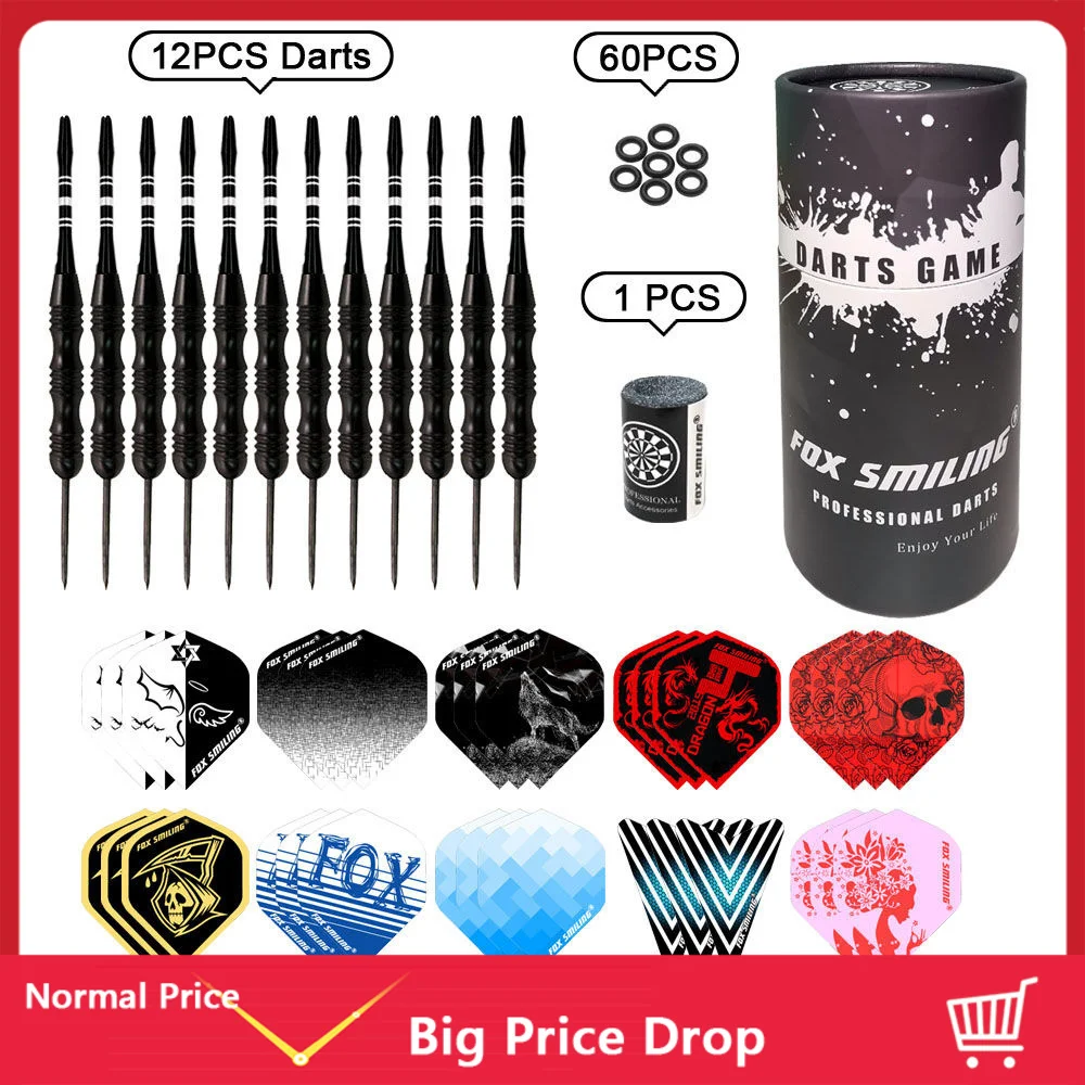 

Fox Smiling 12PCS Dart Pins 22g Steel Tip Darts Aluminum Shaft With 30PCS Flights，60PCS Rubber O Ring, 1PCS Sharpener
