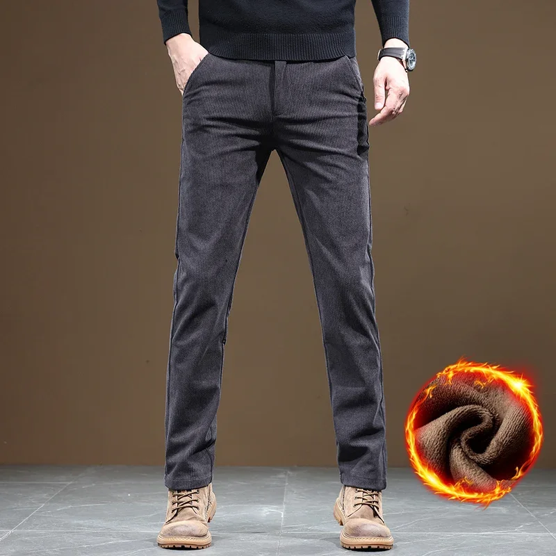 Men Corduroy Pants Winter Fleece Warm Slim Fit Stretch Thicken Casual Trousers