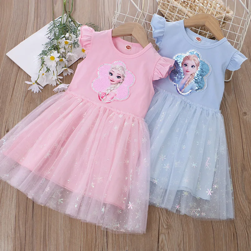Girls Dress 2025 New Summer Princess Dresses Flying Sleeve Kids Dress Frozen Elsa Party Baby Dresses for Children Clothing