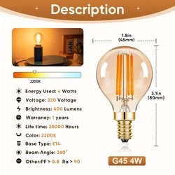 Vintage Warm White Amber LED Filament Bulb - Dimmable Mini Globe (6PCS)