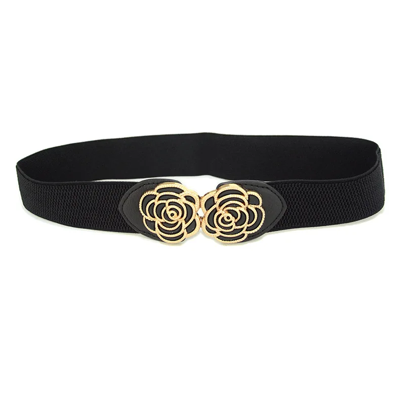 

New Unique Flower Gold Buckle Stretch Belt Women Fashion Thin Metal Shiny Rose Belts Female Jeans Dress Waistband 2023