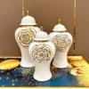 Gold Rose Relief General Can Ginger Jar Porcelain Storage Flower Vase Desktop Organization Home Decoration 4