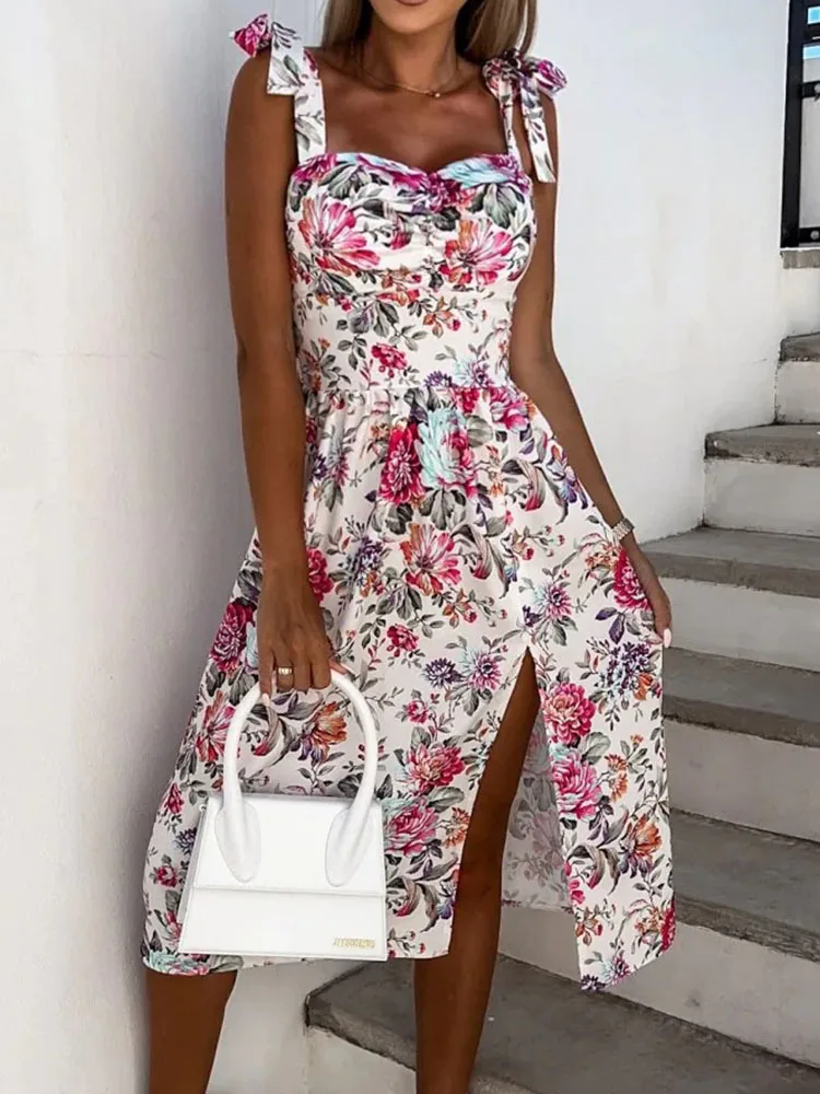 2023-Summer-Dress-Women-Elegant-Printing-Bow-Lace-up-Waist-Slim-Dresses ...