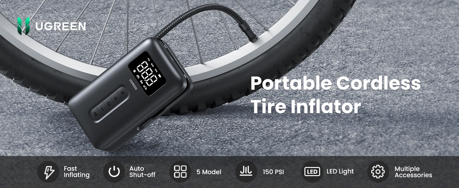 UGREEN Portable Tire Inflator Air Compressor 150PSI 5000mAh Battery with LED Light description image