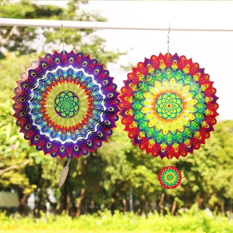 Outdoor Bird Repellent Wind Chime Mandala Garden Yard Balcony Stainless Steel Hanging Decor for Home 3D Rotating Wind Spinner 3