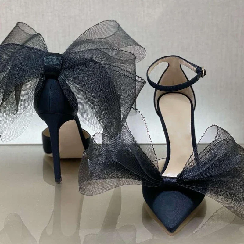 Lace bow high heels, new sexy straight line with pointed thin heels, genuine leather, socialite toe sandals