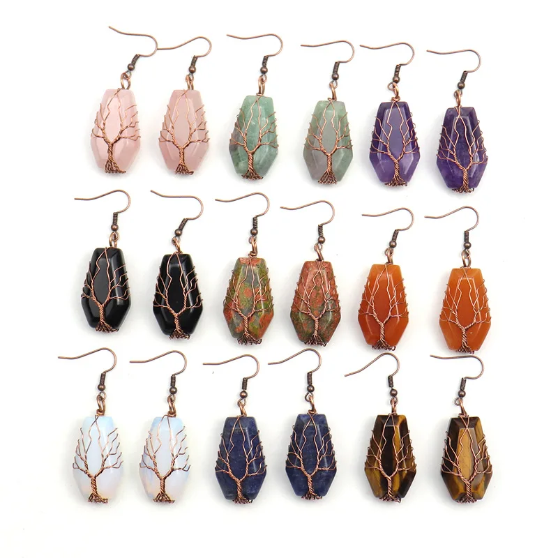 

Wire Wrapped Coffin Fortune Tree of Life Dangle Earrings Natural Stone Pink Quartz Healing Crystal Earing Women Jewelry