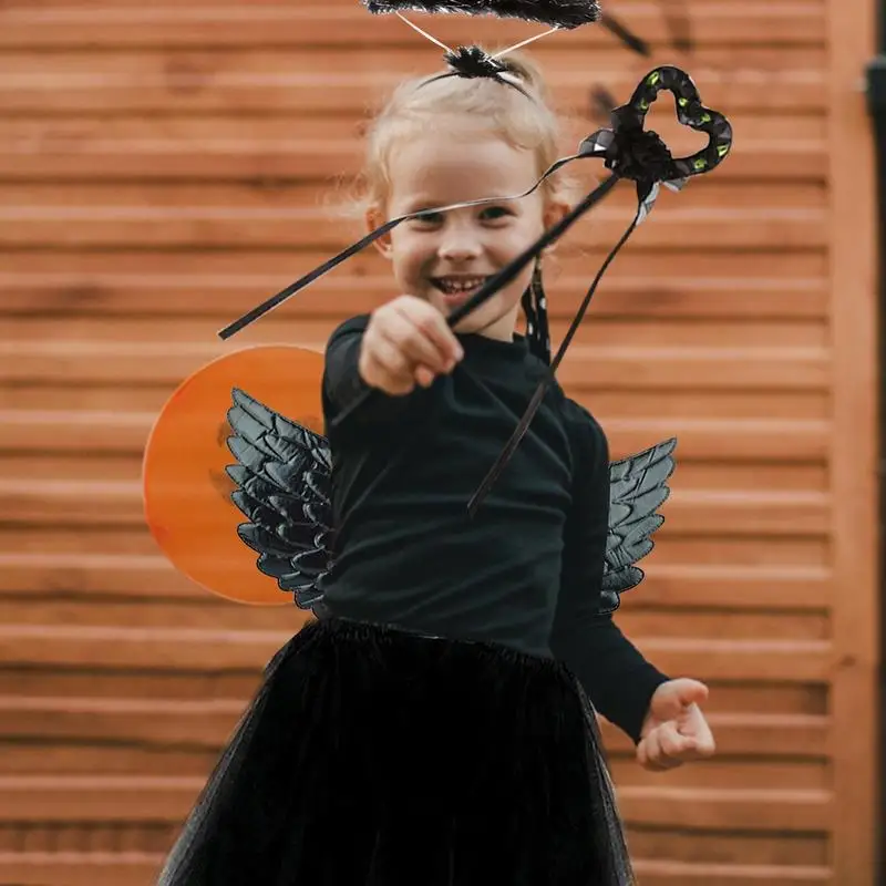 Girls Fallen Angel Halloween Costume Dress With Black Feather Wings & Halo