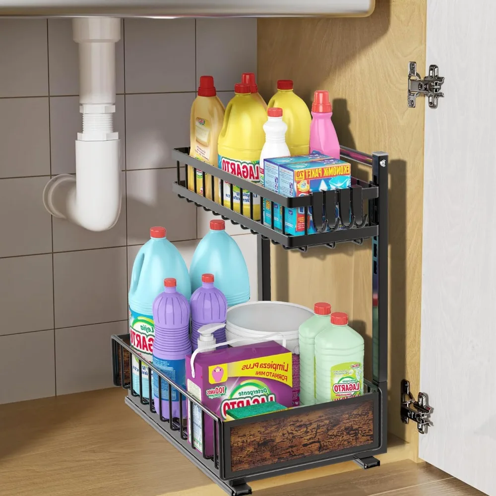 

Under Sink Organizers 2 Tier - Kitchen Under Sink Organizer Storage Metal,Pull Out Cabinet Organizer，Adjustable Height Organizer