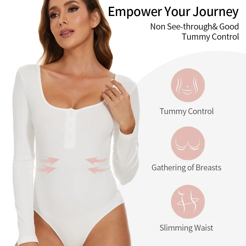 Women Round Neck Body Shaper Long Sleeve Shapewear Sexy Ribbed Bodysuit Front Button Compression Fitness Tummy Control Outfit 9 S37800c0462734222bf69c82c71b088e9X