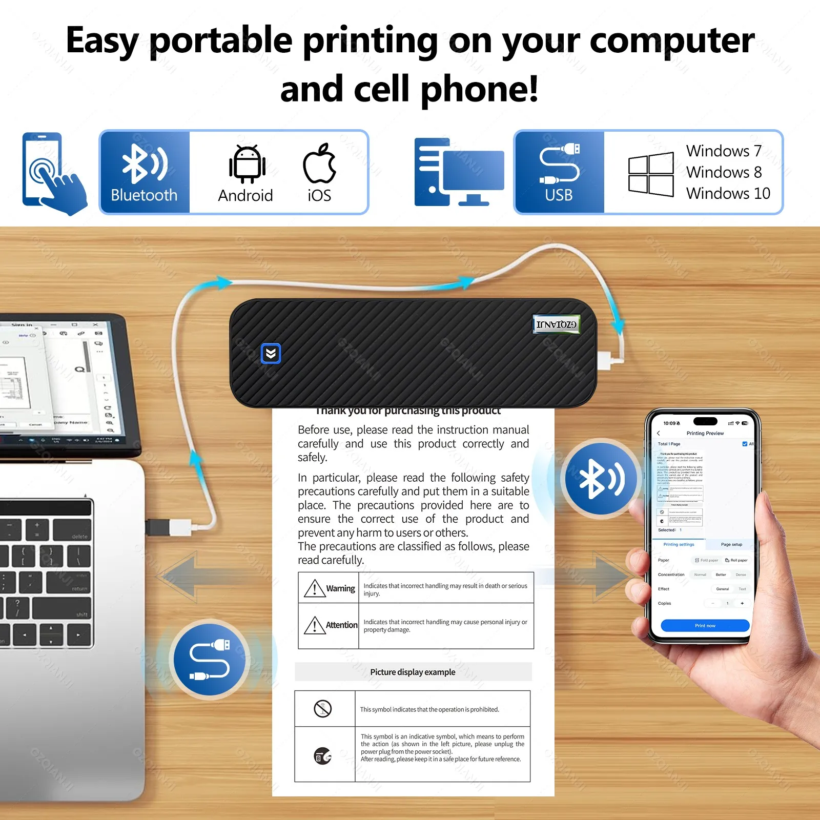 A4 Inkless Portable Thermal Printer Bluetooth PDF Excel Word Document Printing Maker Paper Roll Fold For Office Work Home School