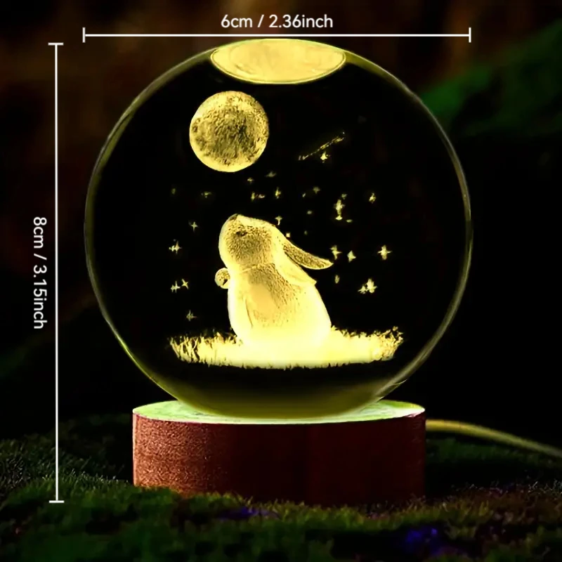 1pc 3D carved rabbit Moon crystal ball, wooden base, birthday, Valentine's Day, Mother's Day, home and office decoration - AliExpress