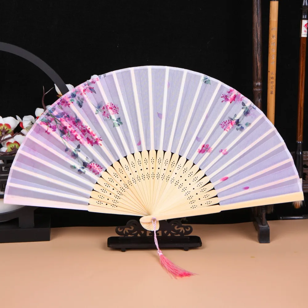 Folding Fan Hand Fan Silk Fans Bamboo Chinese Style Folding Fan Vintage Silk Shank Classical Dance Tassel For Female Home Decor