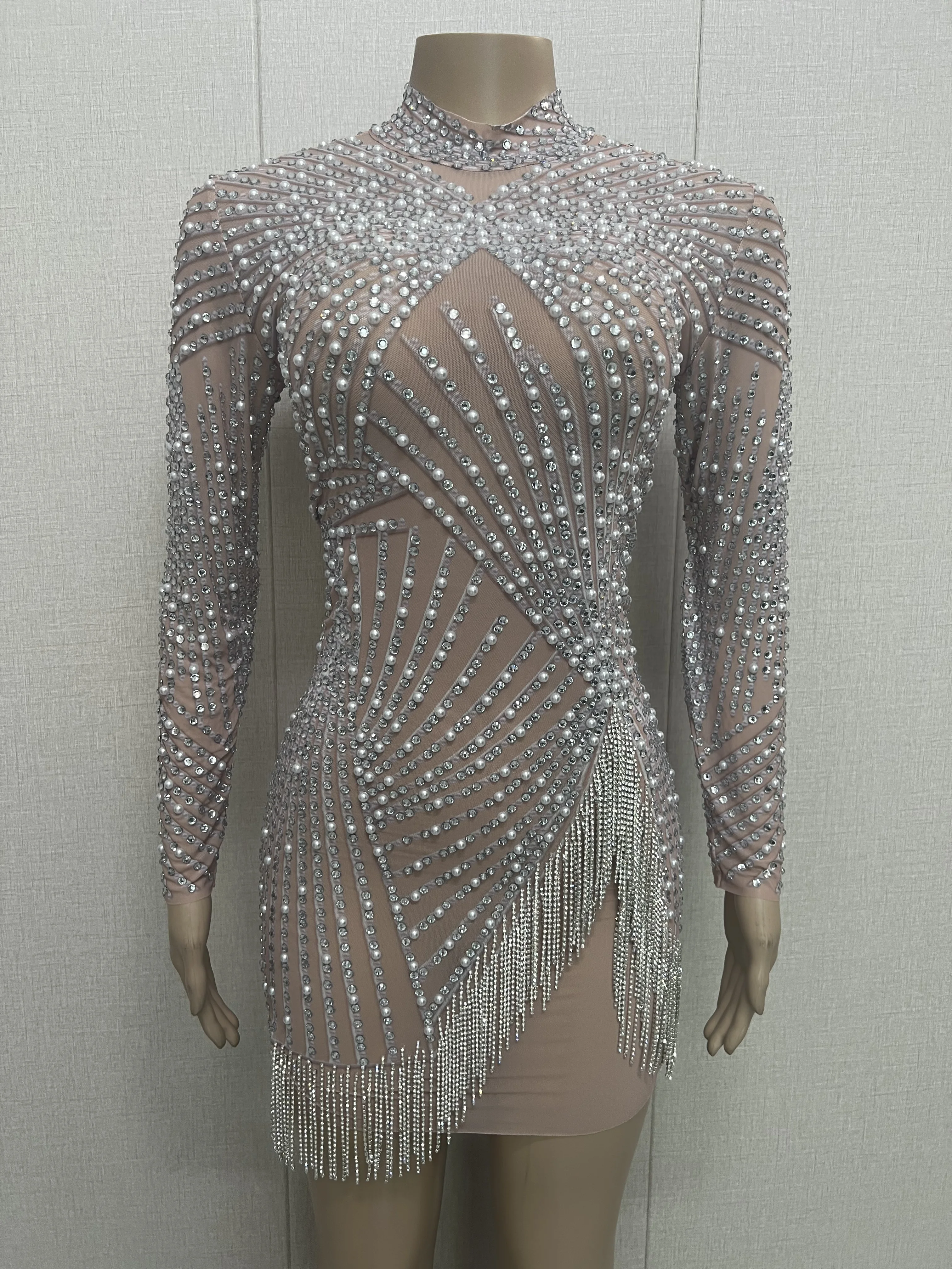 

Silver Rhinestones Fringe Pearl Transparent Dress Long Sleeves Women Dance Show Dress Bar Birthday Outfit Dress YOUDU