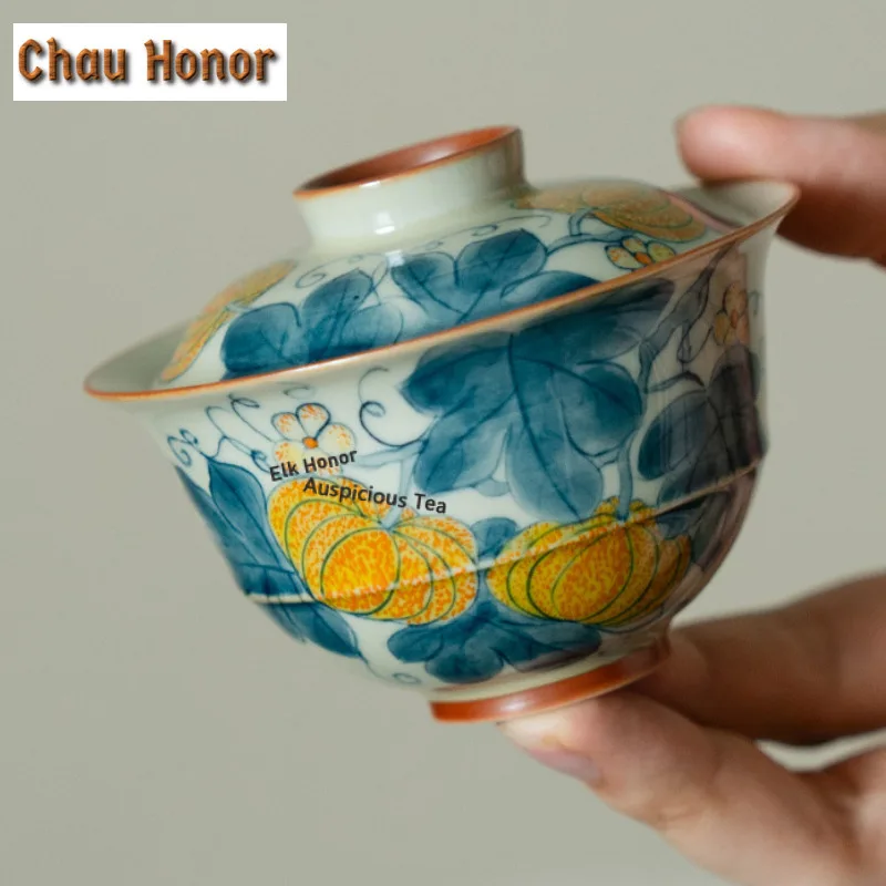 90ml Pure Hand-painted Pumpkin Gaiwan Elegant Tea Tureen Tea Bowl with Lid Kit Tea Brewing Cover Bowl Tableware Accessories Gift