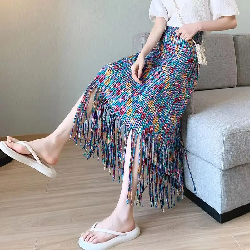 

Summer Midi Long Pleated Skirt Women 2023 Korean Fashion Floral Print Tassel Elegant Aesthetic A-Line High Waist Skirt Female
