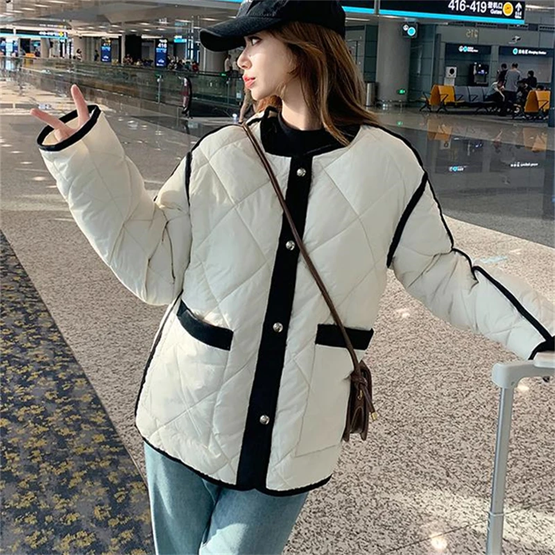 Women's Contrast Edge Diamond Pattern Embossing Long Sleeved Coat Autumn Winter New Chic Female Loose Single Breasted Jacket