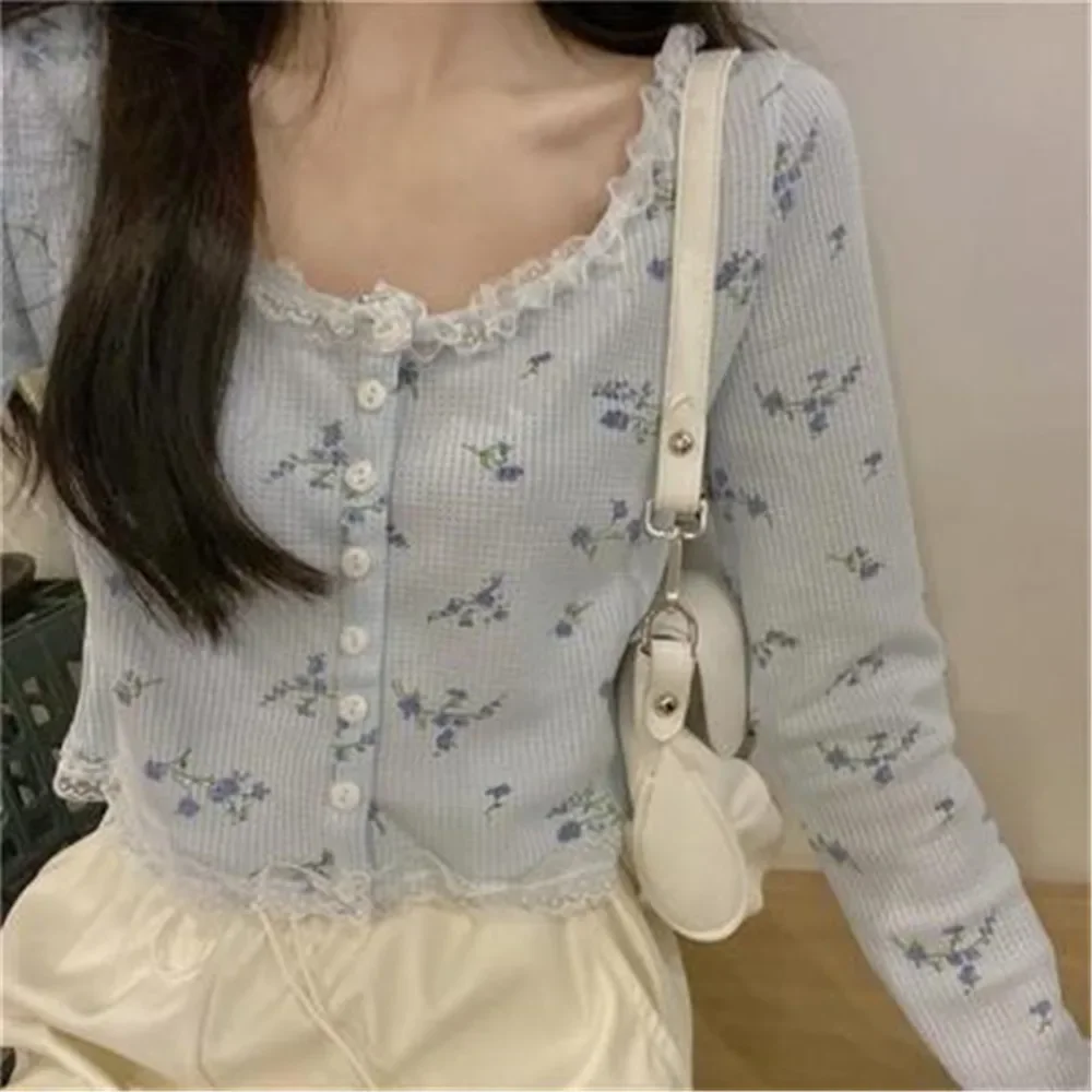 여성용 귀여운 크롭탑 디자인 패치워크 레이스 꽃 가디건, 부드러운 학생 올매치 레트로 싱글 브레스트, 한국 스타일