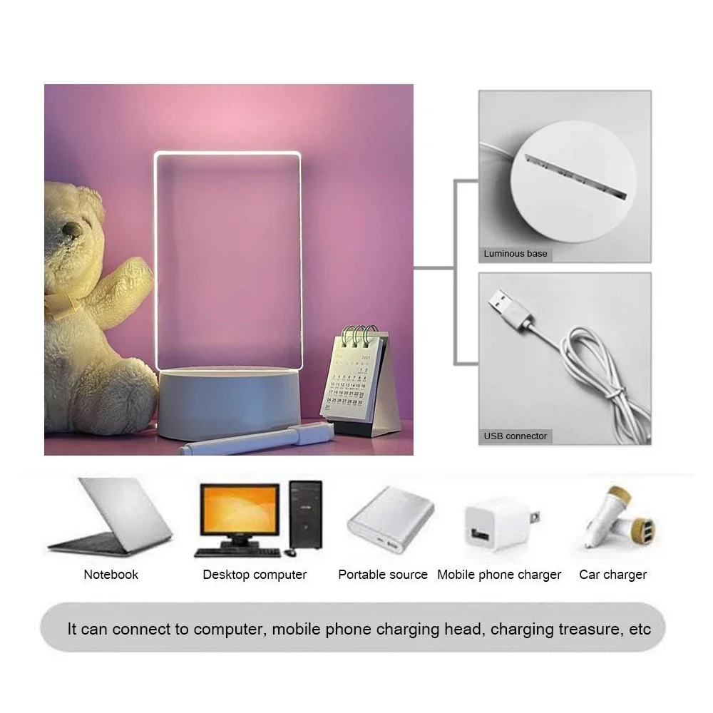 Transparent Luminous LED Night Lights USB Luminous Acrylic Night Light Erasable Write Message Board Calendar Desktop Ornaments 5