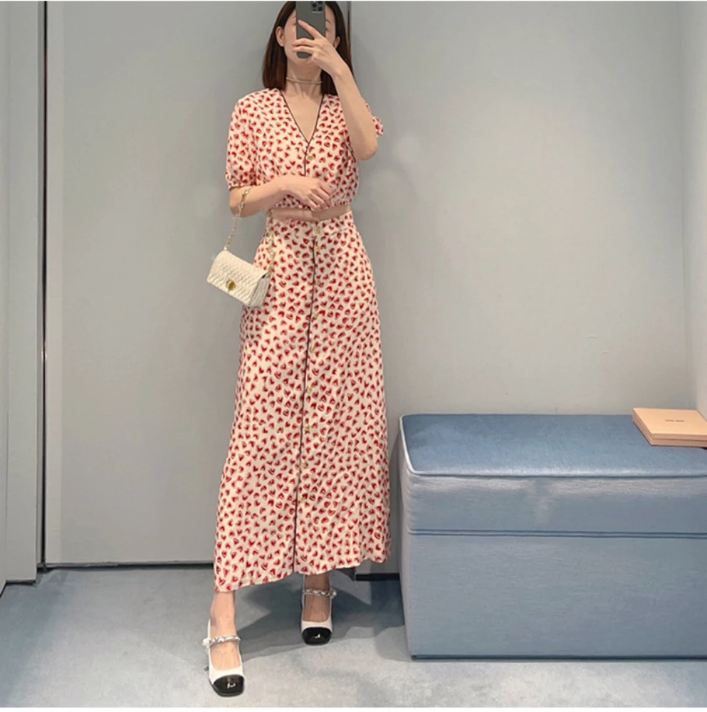 

Summer Sweet Women V-neck Chiffon Shirt + High Quality Print Skirts Two Piece Set C627