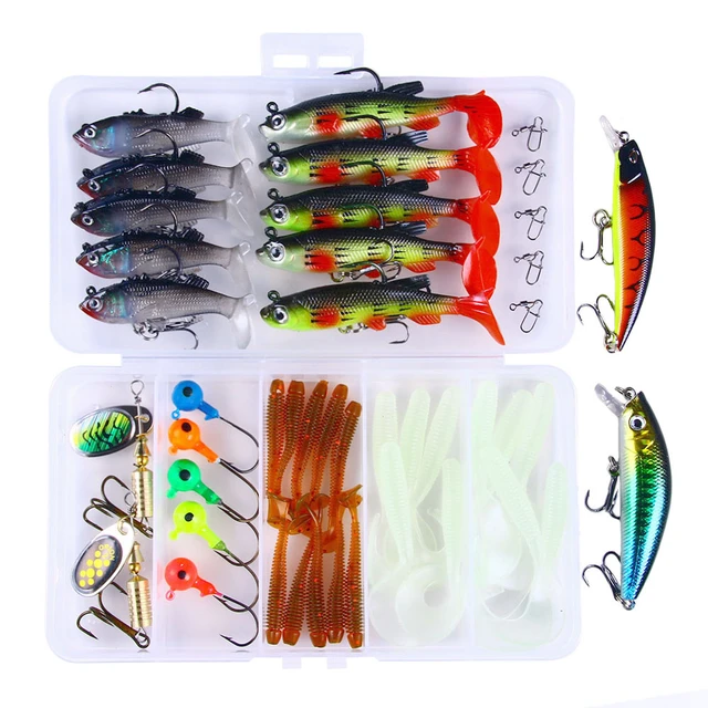 44PCS/Lot Fishing Lures Set Soft Lure Kit Jig Head Hook Minnow Spinner Bait  with Fishing Tackle Box Pesca - AliExpress