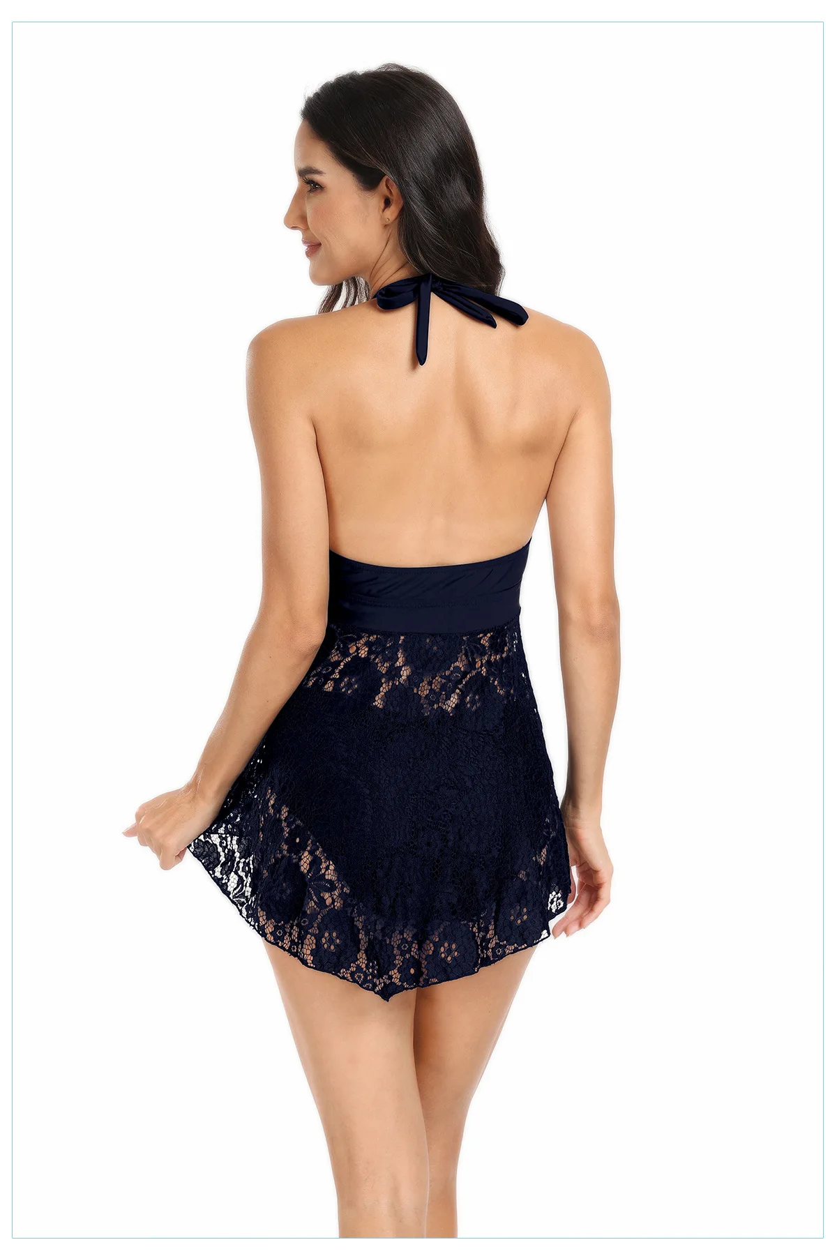 2024 New Sex lace hollowed-out skirt swimsuit European and American solid color women's separate swimsuit