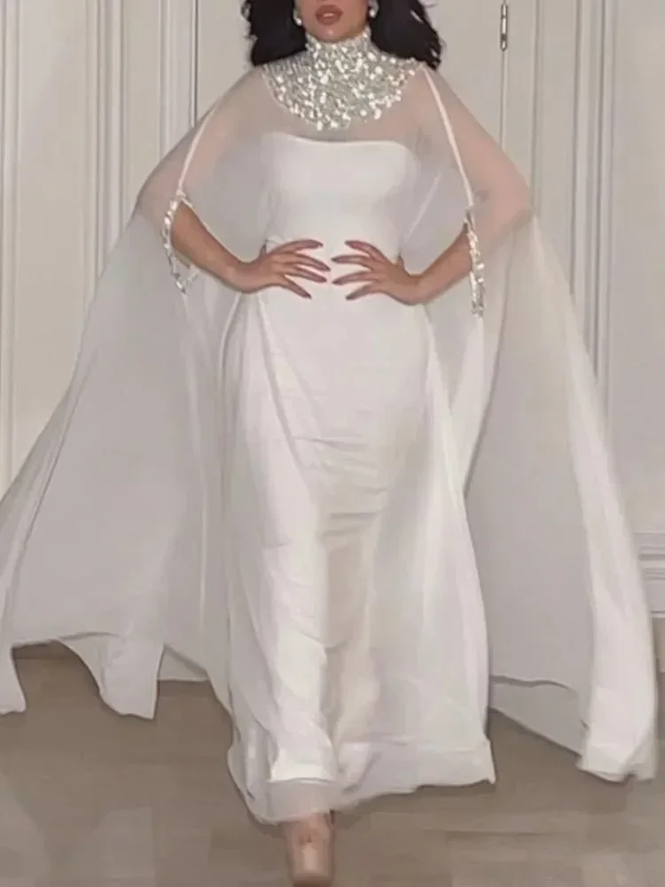 

Women Sequin Patchwork Chiffon Maxi Dress Elegant High Collar Batwing Sleeve Loose Long Robes Ladies Evening Party Vestido Gowns