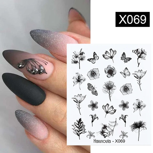 Harunouta linee nere foglie di fiori adesivi per decalcomanie d'acqua faccia floreale modello in marmo cursore per unghie decorazione estiva per unghie 5