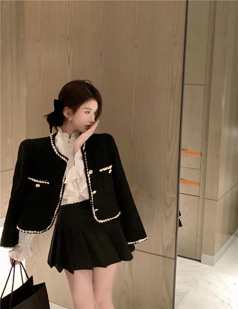 Vintage Tweed Jackets Women Elegant Black Cropped Suit Coat Korean Thicken Blazer Single Breasted Short Outerwear Tops New