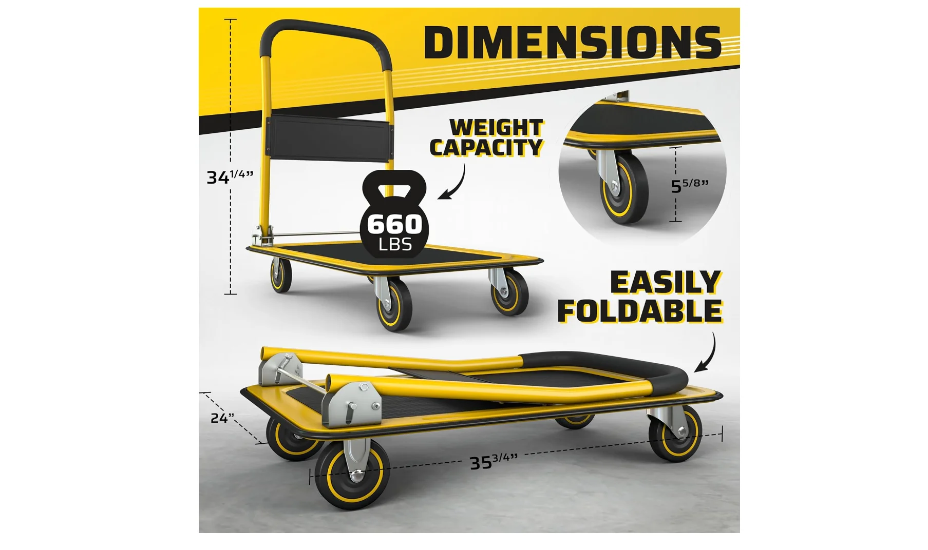 Upgraded Foldable Push Cart Dolly 660 lbs. Capacity Moving Platform Hand Truck Heavy Duty Space Saving Collapsible Swivel
