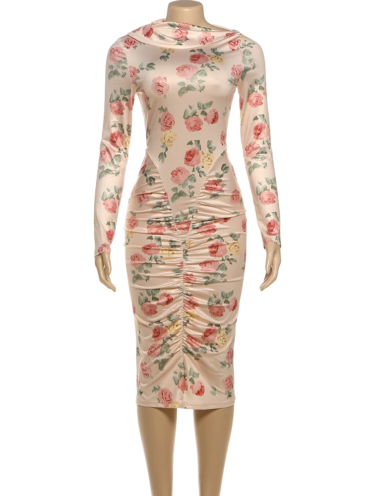 Nibber Rose Print Dress Women Asymmetrical Collar Peach Buttocks Folds Long Sleeve Elegant Banquet Stretch Hipster Vestidos