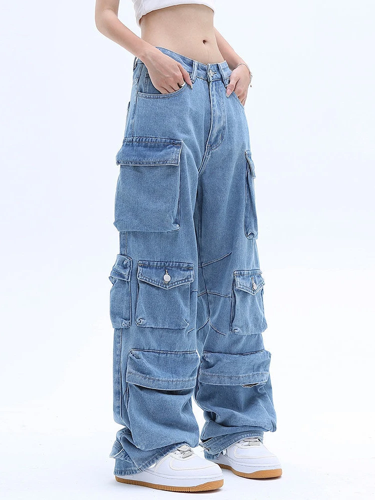 Pocket Solid Color Overalls Jeans Women's  Street Retro Loose Wide-Leg Overalls Couple Casual Joker Mopping Jeans Pants Women
