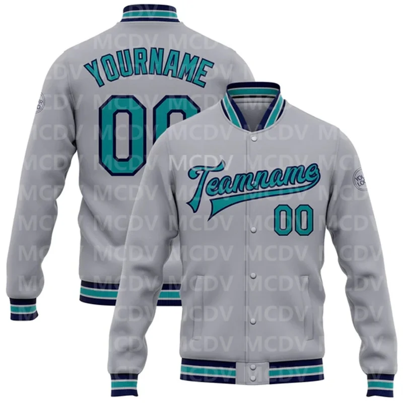 Custom Gray Teal-White Bomber Full-Snap Varsity Letterman Jacket  Baseball Button Jacket