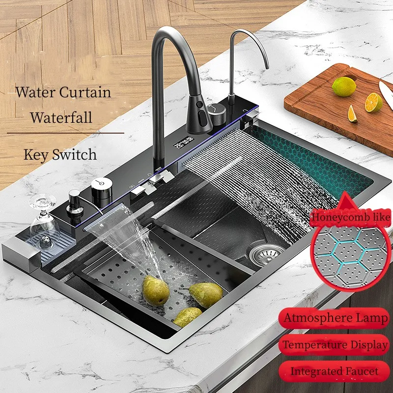 304 Stainless Steel Kitchen Sink Double Waterfall Single Slot Integrated Digital Display Faucet Set Soap dispenser Cup Washer 2